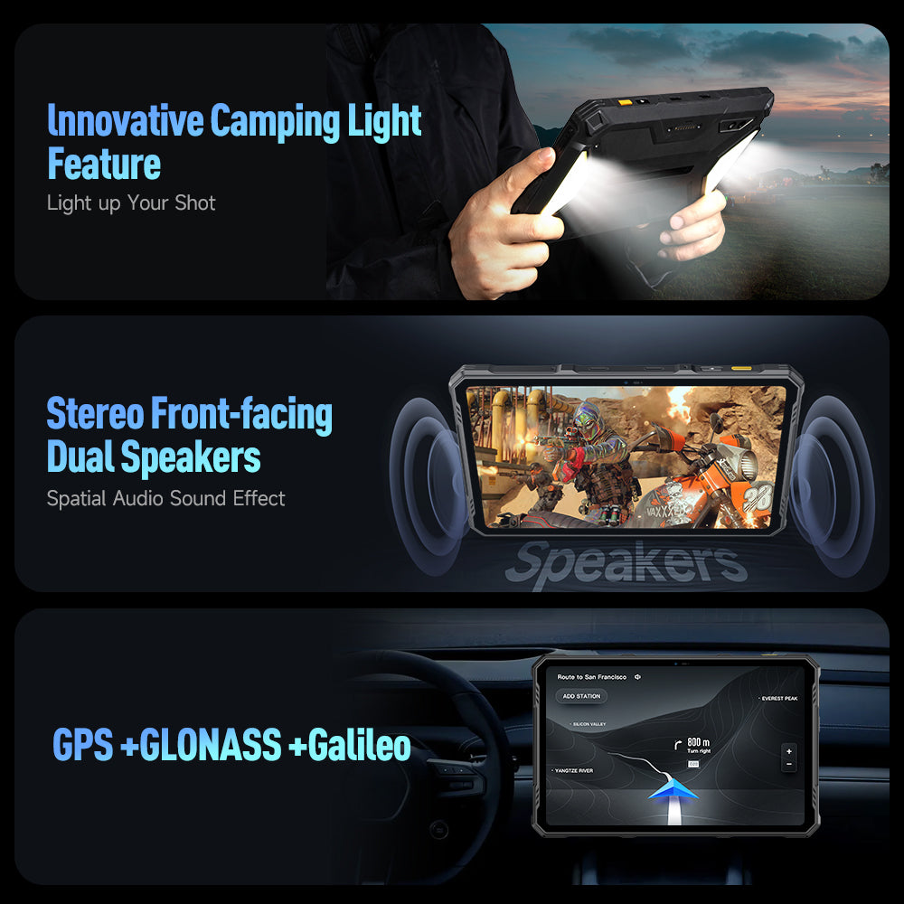 Ulefone Tough Android Tablet Armor Pad 3 Pro, Innovative Camping Light Feature, Stereo Front-Facing Dual Speakers, GPS + Glonass + Galileo